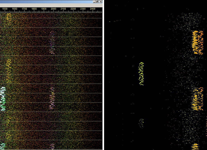 2018-11-08-1943 FT - HF 2xFT100 XQ4H - RDF cal 0 CW - 160 m 1843 LSB - Some noisy signals at left selected with directional filter at right (c) OH7HJ.jpg