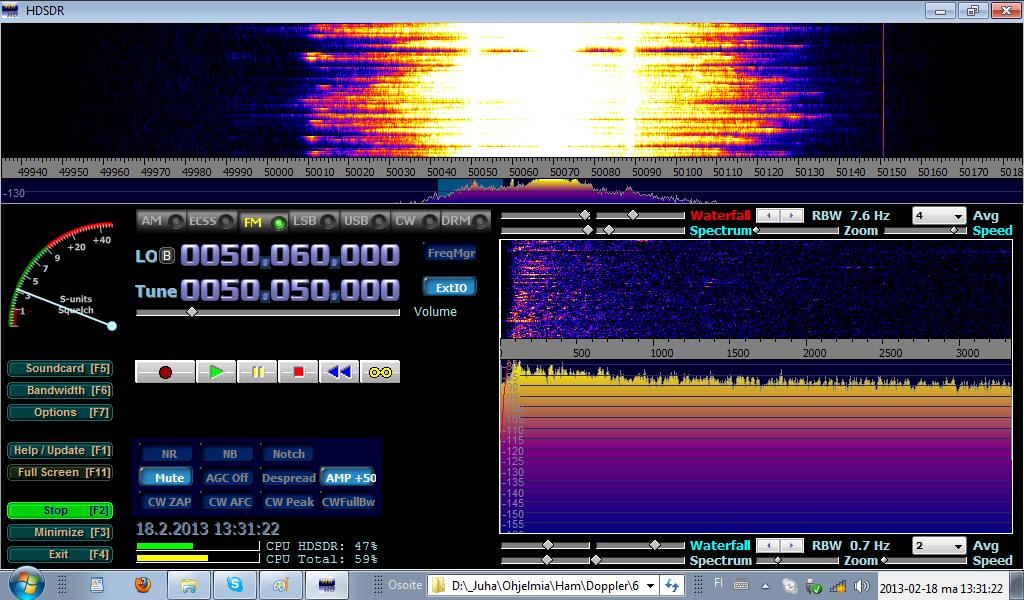 2013-02-18-15 - 50.050 MHz -  6 m CW-bandin tukkii laajakaistainen häiriö - Jns keskustan SPR-talo - Ant Diamond 2x58 vertikaali (c) OH7HJ.JPG