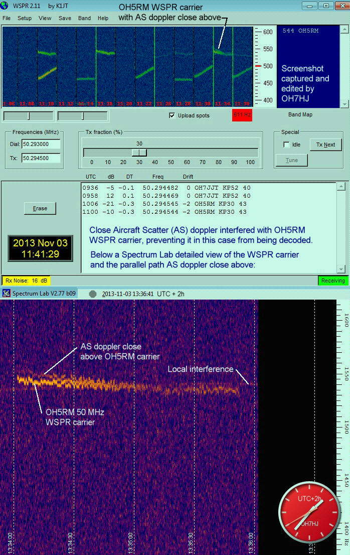 2013-11-03 Aircraft parallel path close AS doppler above OH5RM ts 11.04 wspr carrier - Detailed Spectrum Lab view below (c) OH7HJ.jpg