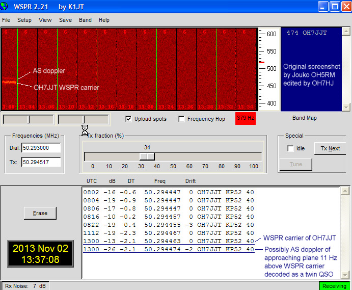 2013-11-02 A possible AS doppler 11 Hz above OH7JJT 50 MHz wspr carrier on time stamp 13.00 - List shows that software decoded the AS as a twin signal with -2 Hz drift - Screenshot by OH5RM.JPG