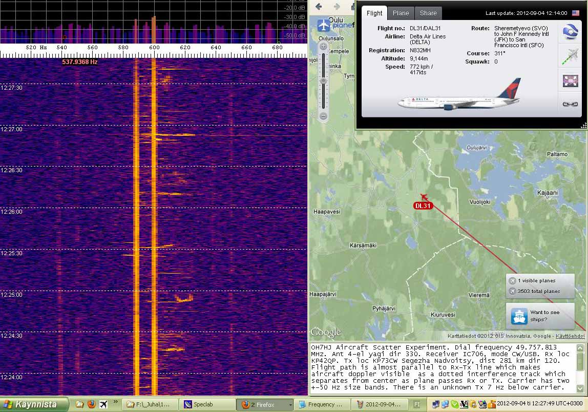 2012-09-04-04 49.757 Segezha - DL31 doppler on 538 Hz fading near Oulujärvi - Flight route on map  - Yagi dir 330 (c) OH7HJ.JPG