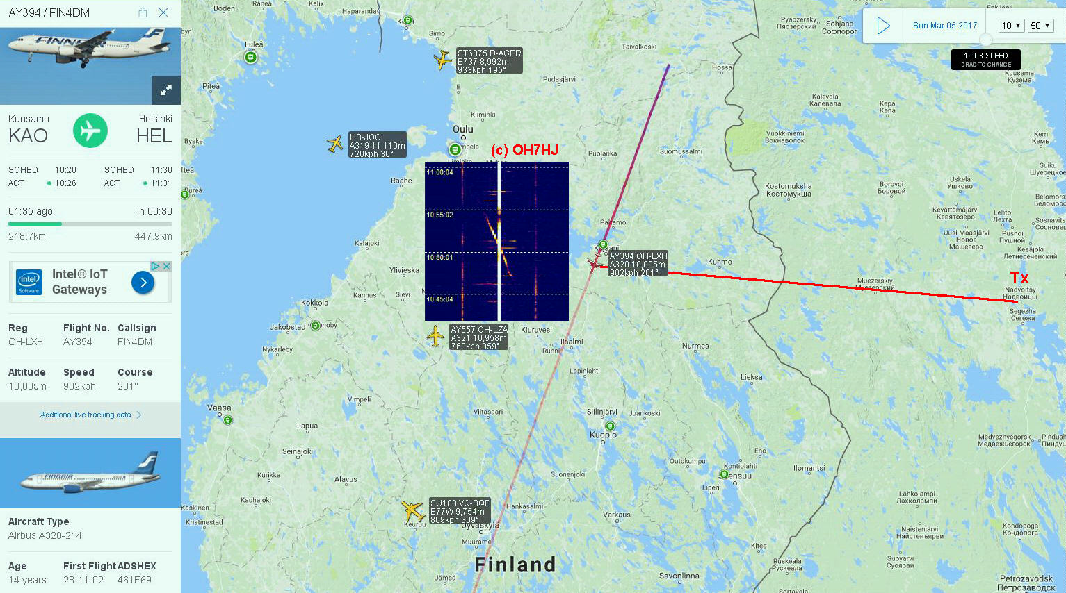 2017-03-05-1050 PF playback - HDSDR SL Y6E 320 Segezha - Doppler of AY394 near Kajaani back from Kuusamo (c) OH7HJ.JPG