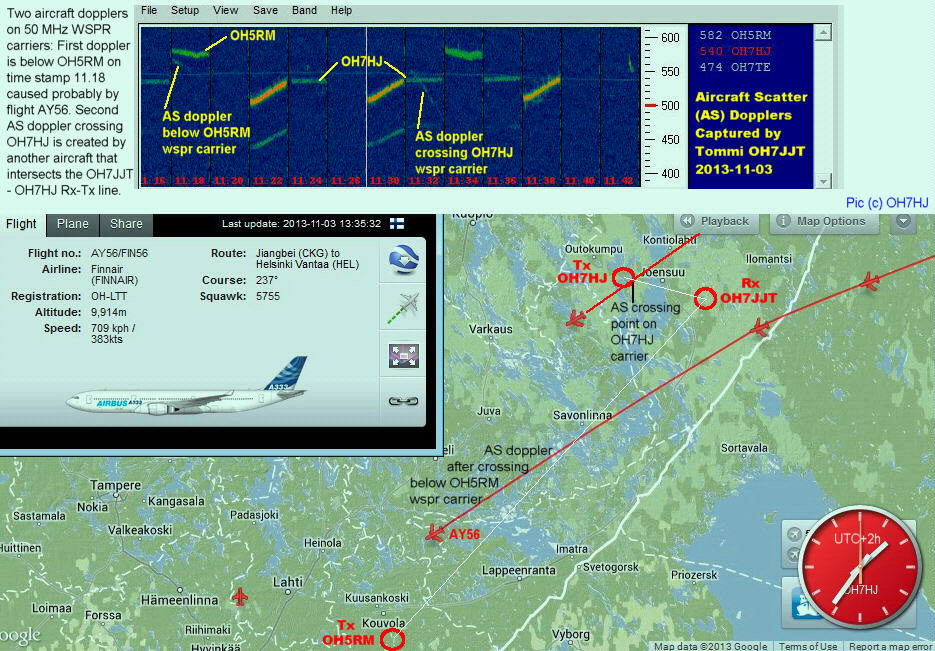 2013-11-03 AY56 and another aircraft dopplers on OH5RM and OH7HJ 50 MHz WSPR carriers captured by OH7JJT.jpg
