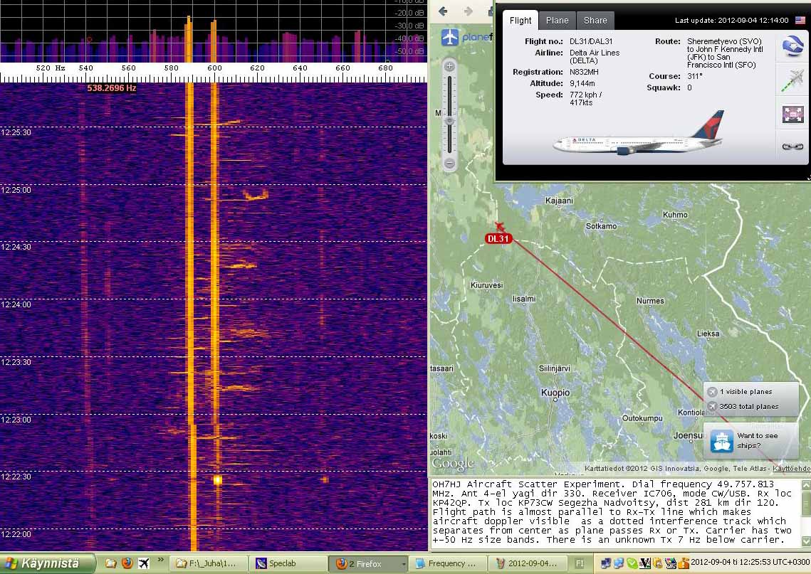 2012-09-04-03 49.757 Segezha - DL31 doppler on 538 Hz near Kajaani - Flight route on map  - Yagi dir 330 (c) OH7HJ.JPG