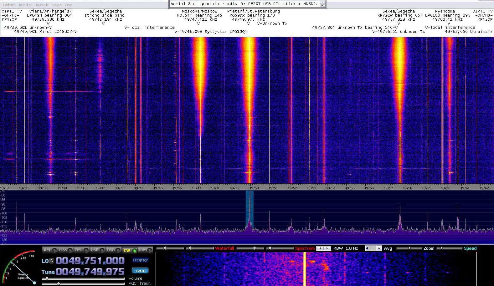 2014-01-01-54 - 49750 kHz OIRT1 TV - Simultaneous EDS flares on freq waterfall - St Petersburg TV feq - 8-el quagi dir S (c) OH7HJ.JPG