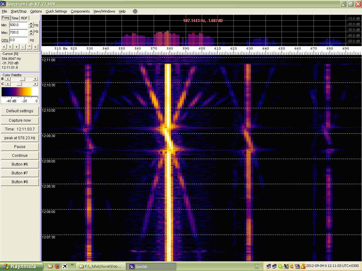 2012-09-04-01 49.757 Segezha - Multiple X-doppler reflections around carrier and side bands - DL31 transversal crossing  - Yagi dir 060 (c) OH7HJ.JPG
